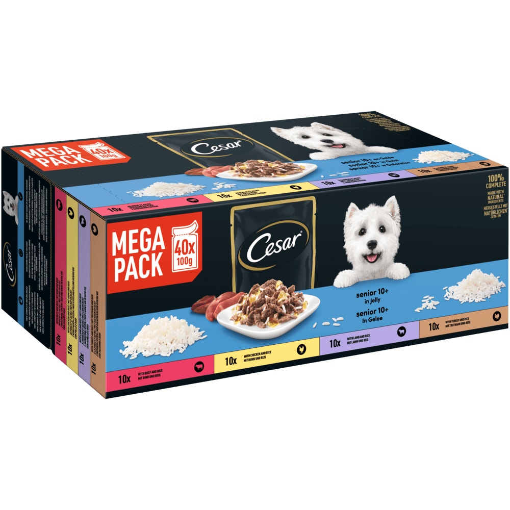 CESAR® Senior 10+ in Gelee, 4 Varietäten, Rind, Huhn, Lamm, Truthahn, Multipack 40 x 100g - 1